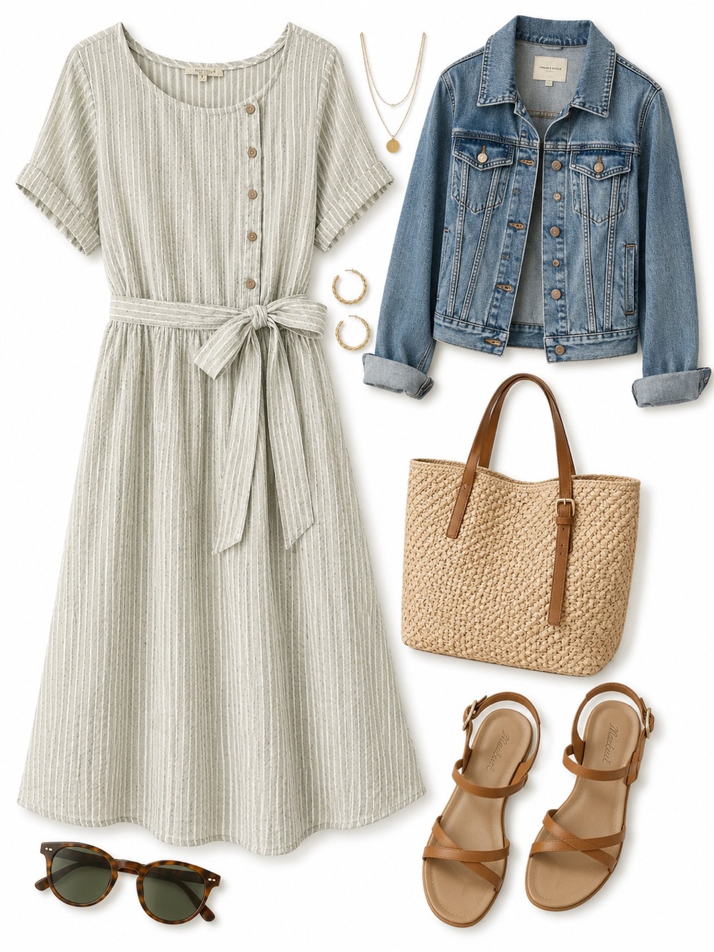 Polagram Cream Striped Button-Front Tie-Waist Midi Dress